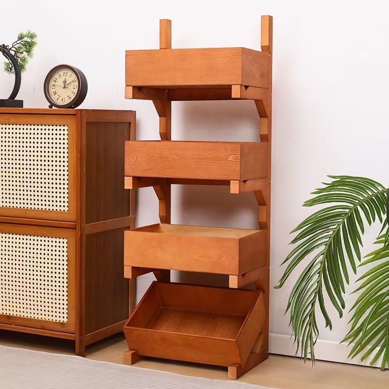 Farmhouse Wooden Floor-Standing 3/4-Tier Snack Display Rack With Wheels