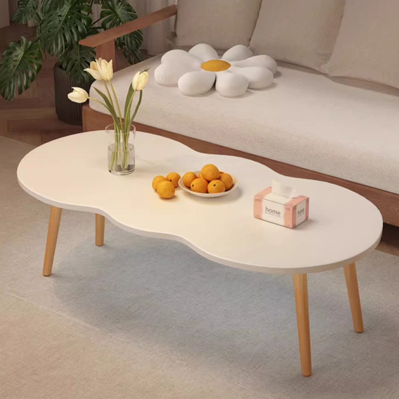 Modern Minimalist Cloud Shape Oval Wood Density Board Coffee Table 1/2 Tier For Living Room
