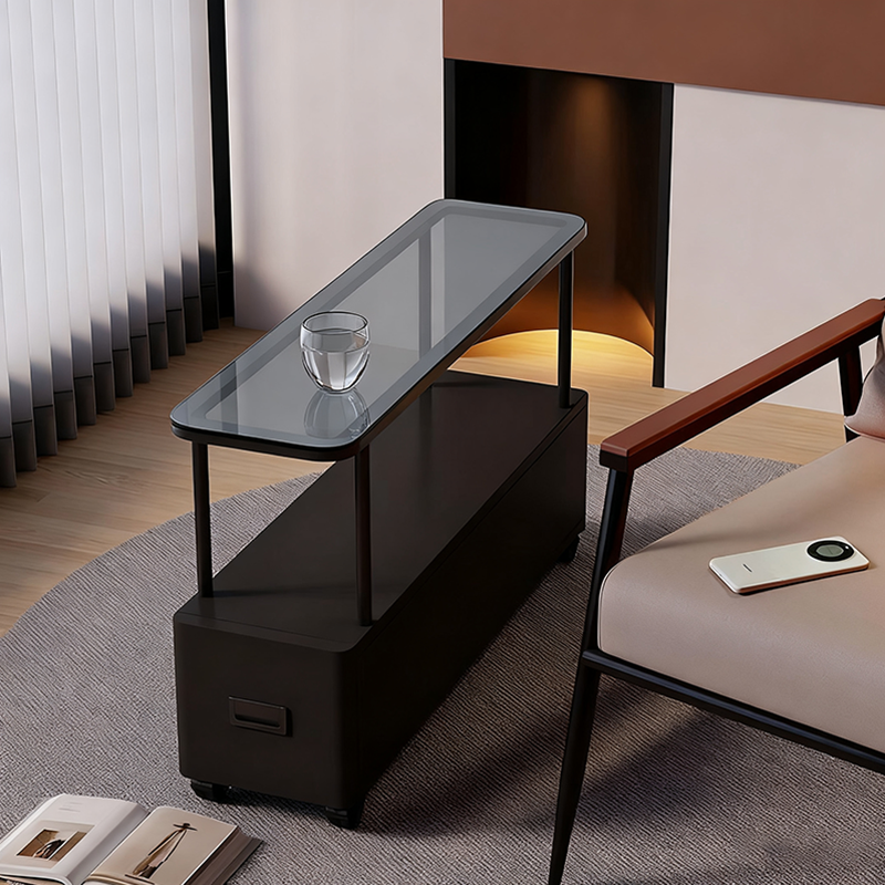 Modern Ultra-Narrow Tempered Glass Metal Particle Board End Table