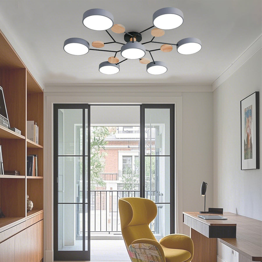 Orbit Disc Semi Flush Chandelier, Wood Accent Metal Ceiling Light