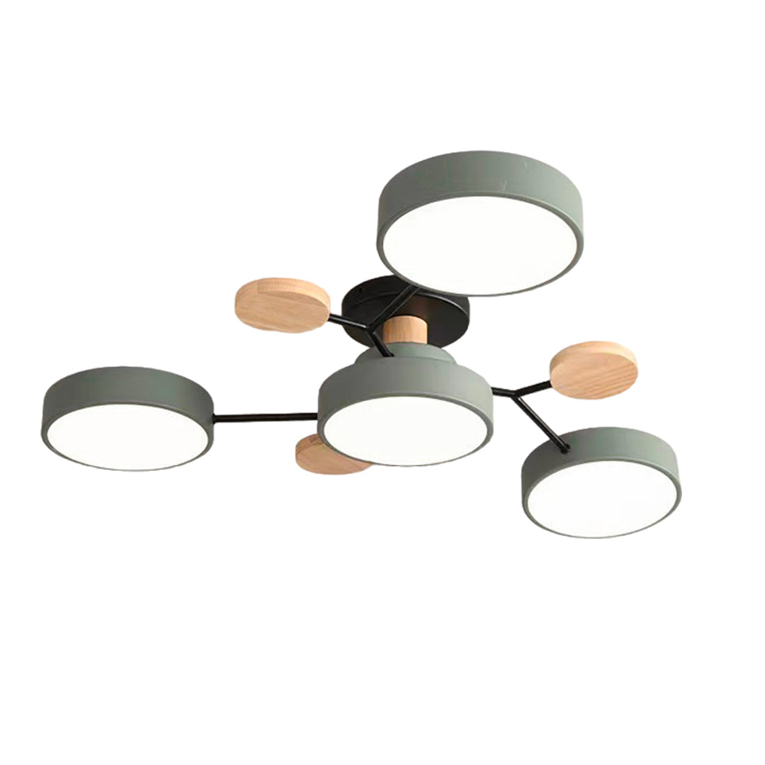 Orbit Disc Semi Flush Chandelier, Wood Accent Metal Ceiling Light 24