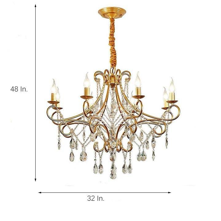 Scrolled Arm Crystal Candle Chandelier, Vintage Metal Ceiling Light 6