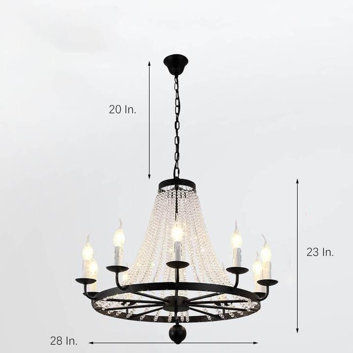 Crystal Cascade Wagon Wheel Candle Chandelier, Black Metal Light 11
