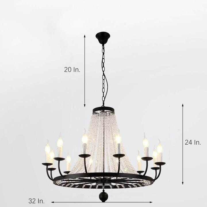 Crystal Cascade Wagon Wheel Candle Chandelier, Black Metal Light 6