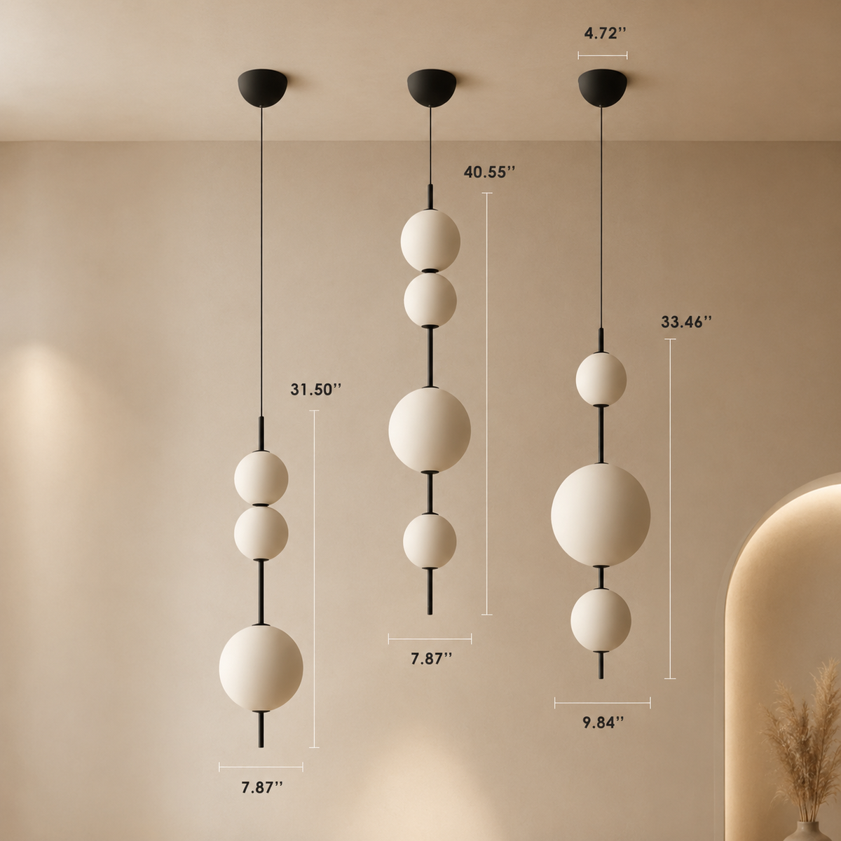 Frosted White Glass Globe Totem Pendant, Stacked Spheres