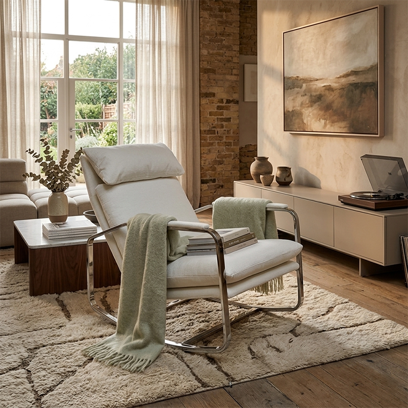 Modern Minimalist Rectangular Curved Chenille Fabric Multi-layer Plywood Stainless Steel Rocking Chair Backrest Armrest For Living Room