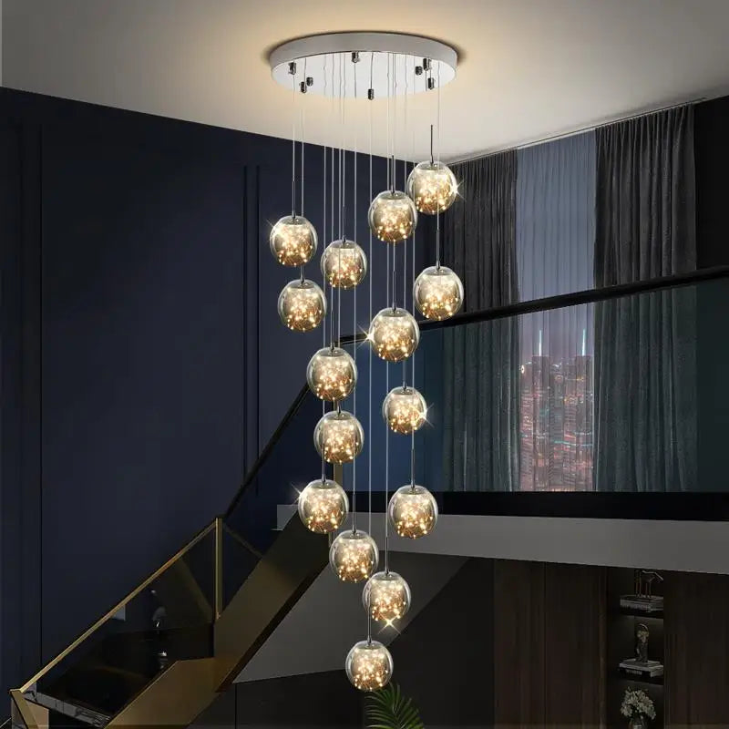 Cascading Glass Globe Chandelier, Staircase Suspension Light, view 2
