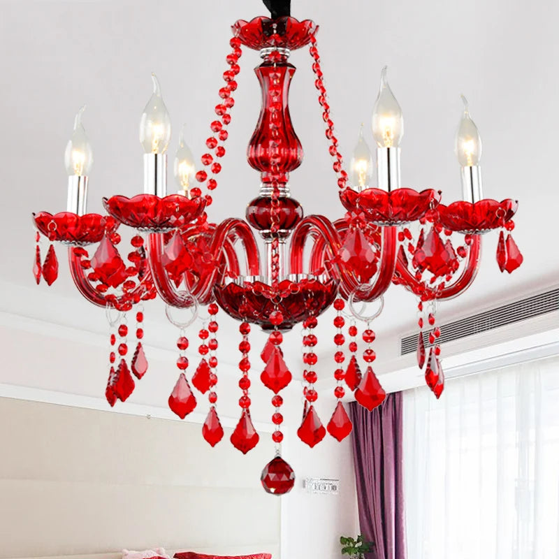 Red Wedding Chandelier Luxury Crystal Pendant Light for Foyer Bedroom