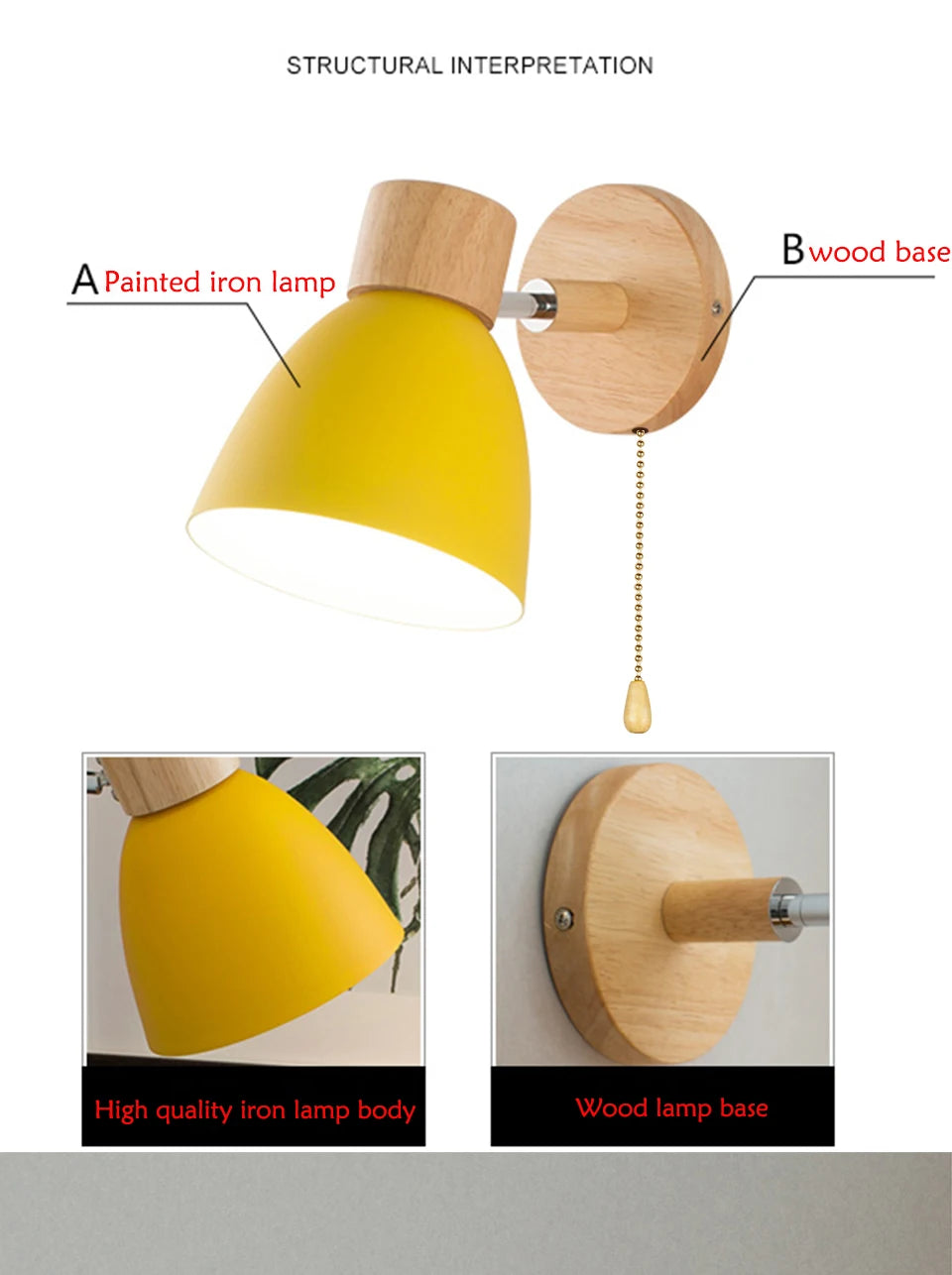 Wooden Nordic Wall Lamp with Switch
