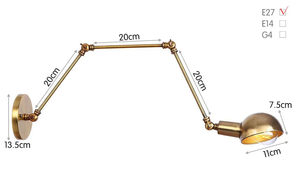 Industrial Adjustable Swing Arm Wall Lamp Reading Bedside Vintage