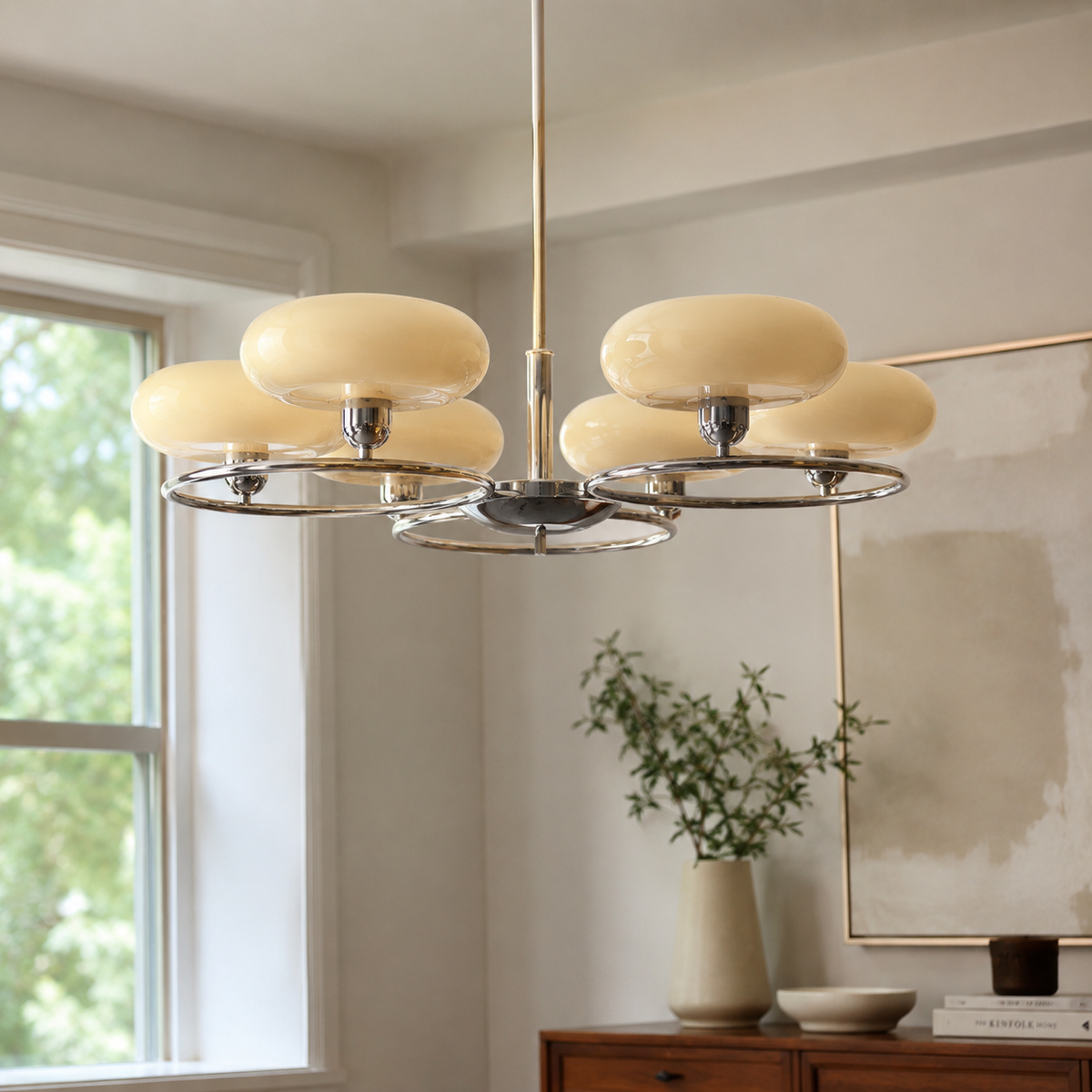 French Retro Glass Shade Chandelier, 6 Light Round