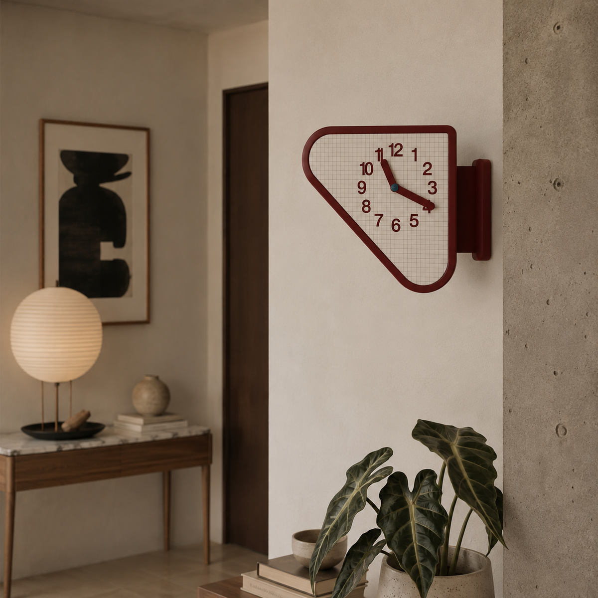 Double Sided Corner Wall Clock, Red Frame with Grid Dial