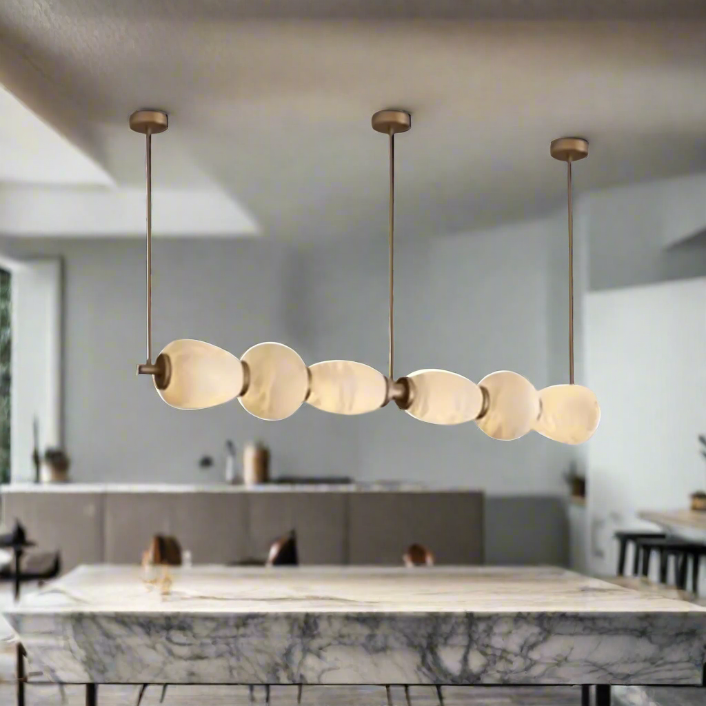 Long Natural Marble Pendant Light with Gold Shade