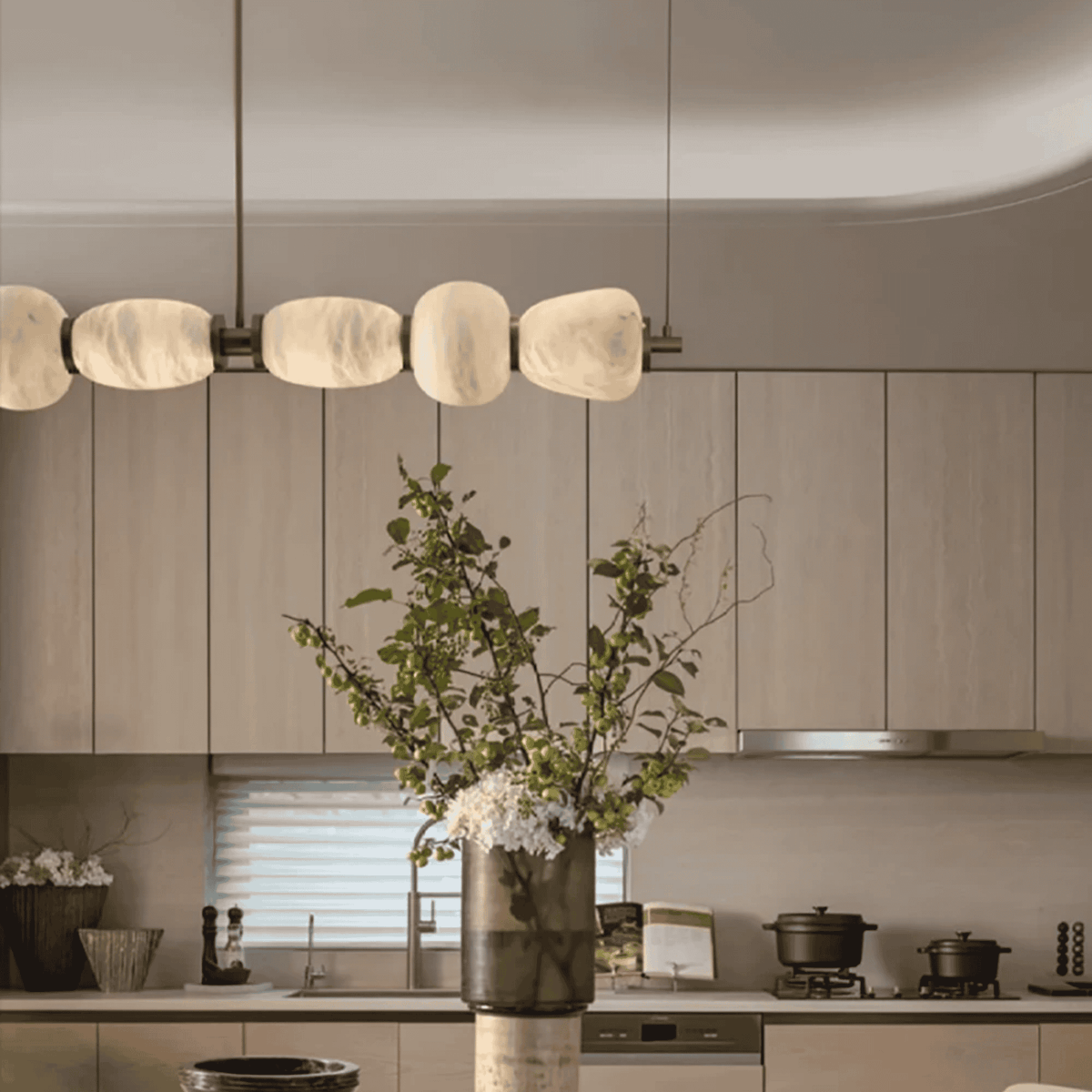 Long Natural Marble Pendant Light with Gold Shade