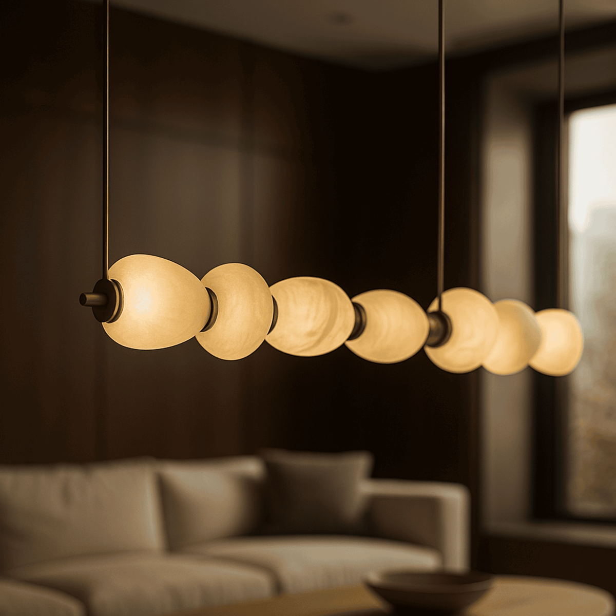 Long Natural Marble Pendant Light with Gold Shade