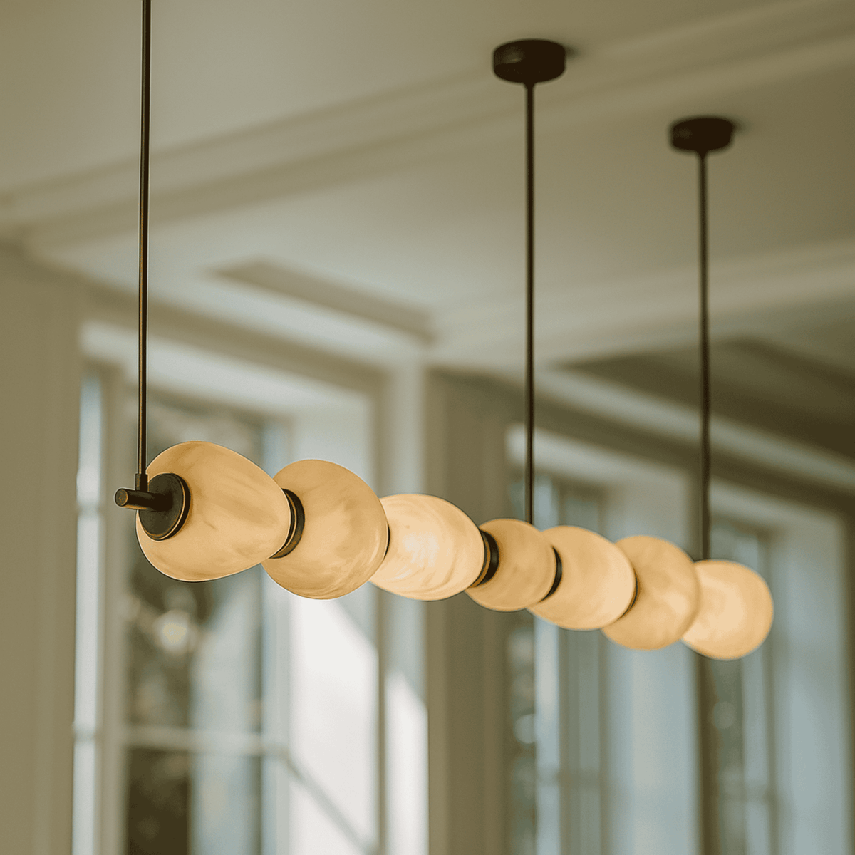 Long Natural Marble Pendant Light with Gold Shade