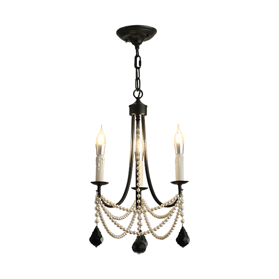 Pearl Strand Candle Chandelier, Black Iron Vintage Ceiling Light 11