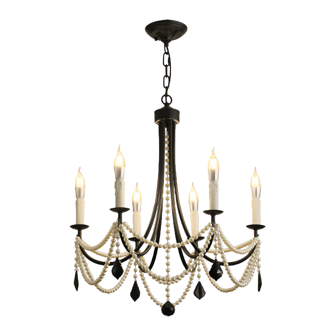 Pearl Strand Candle Chandelier, Black Iron Vintage Ceiling Light 12