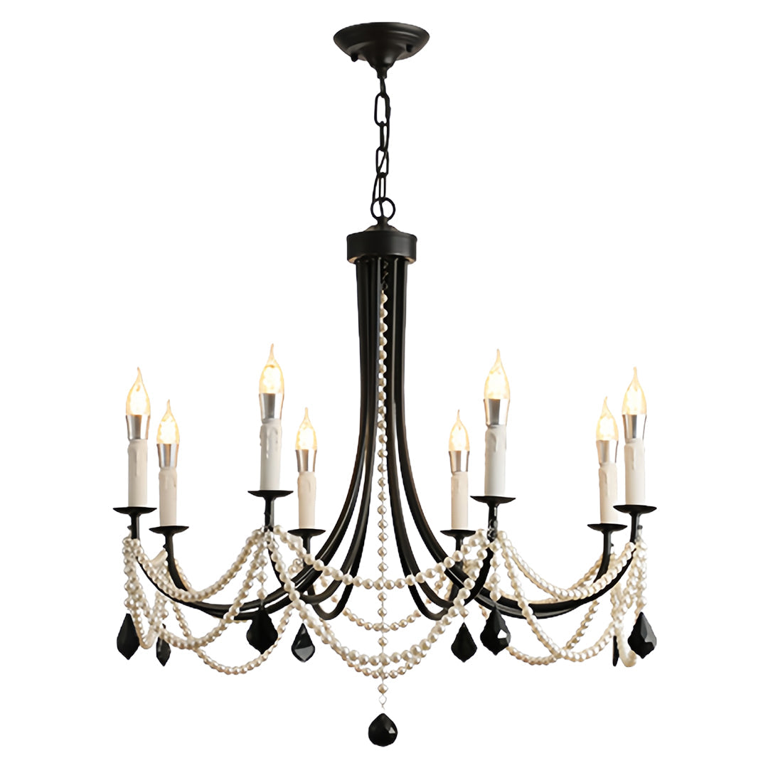 Pearl Strand Candle Chandelier, Black Iron Vintage Ceiling Light 13