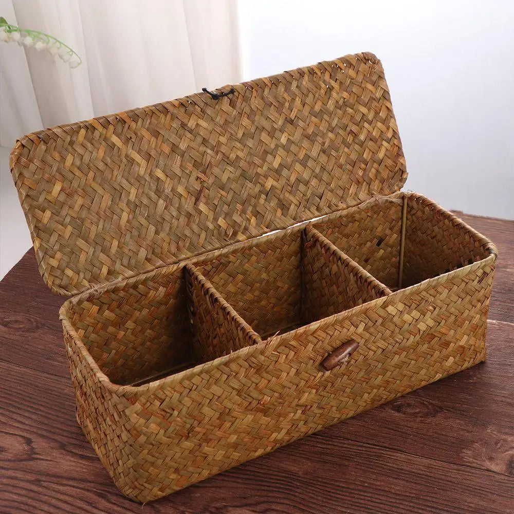 3 Compartment Woven Storage Basket with Lid