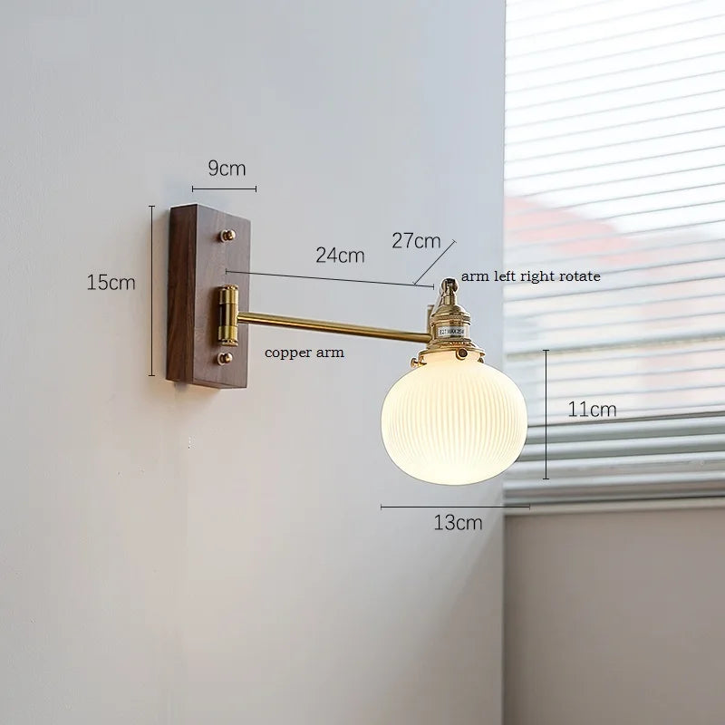 IWHD Walnut Ash Wood Canopy LED Wall Light Fixtures Pull Chain Switch Copper Arm Left Right Rotate Bedroom Beside Lamp Sconce