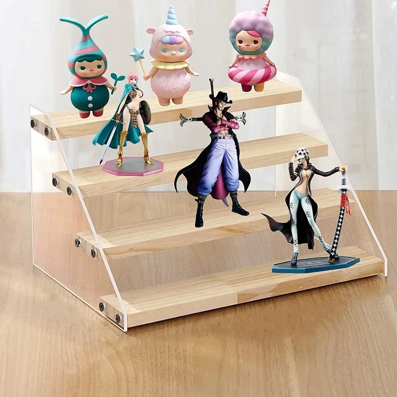 2-7 Layers Acrylic Storage Display Shelf Rack Figure Ladder Showcase Display Stand Wooden Household Action Figure Organizers