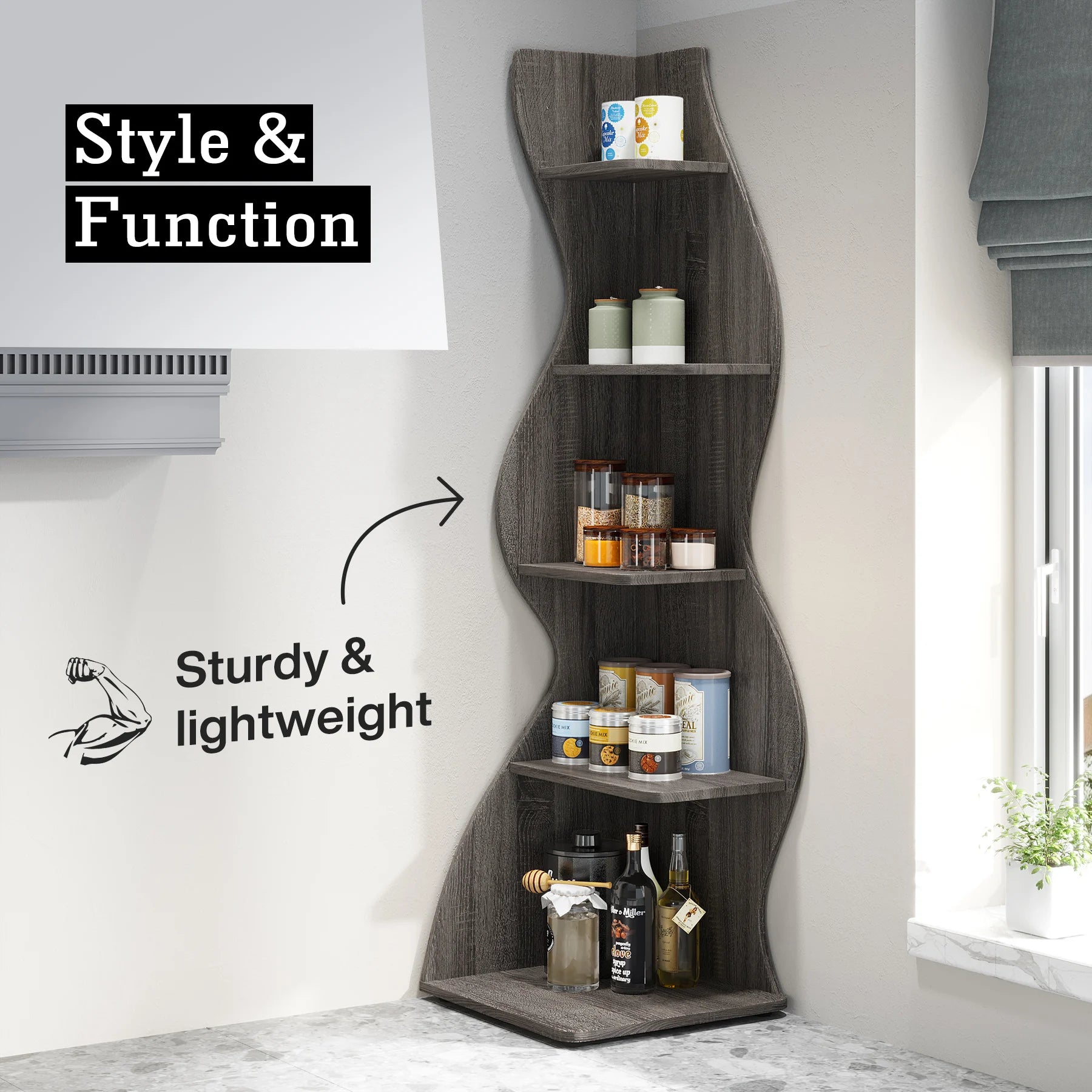 Five Tier Wavy Corner Bookshelf