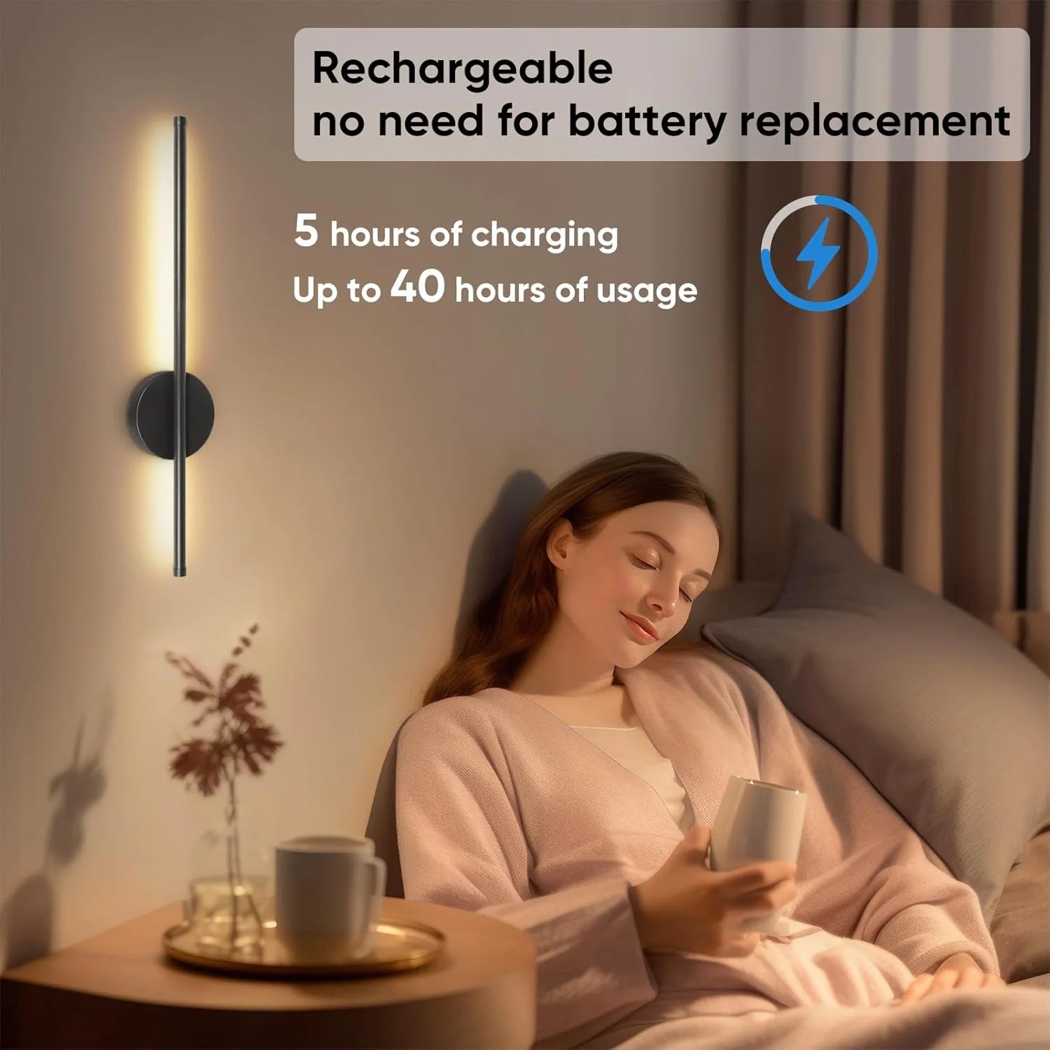 2PCS Battery Operated Wall Sconces Wireless Rechargeable Lamp Black