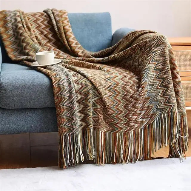Boho Striped Knit Throw Blanket
