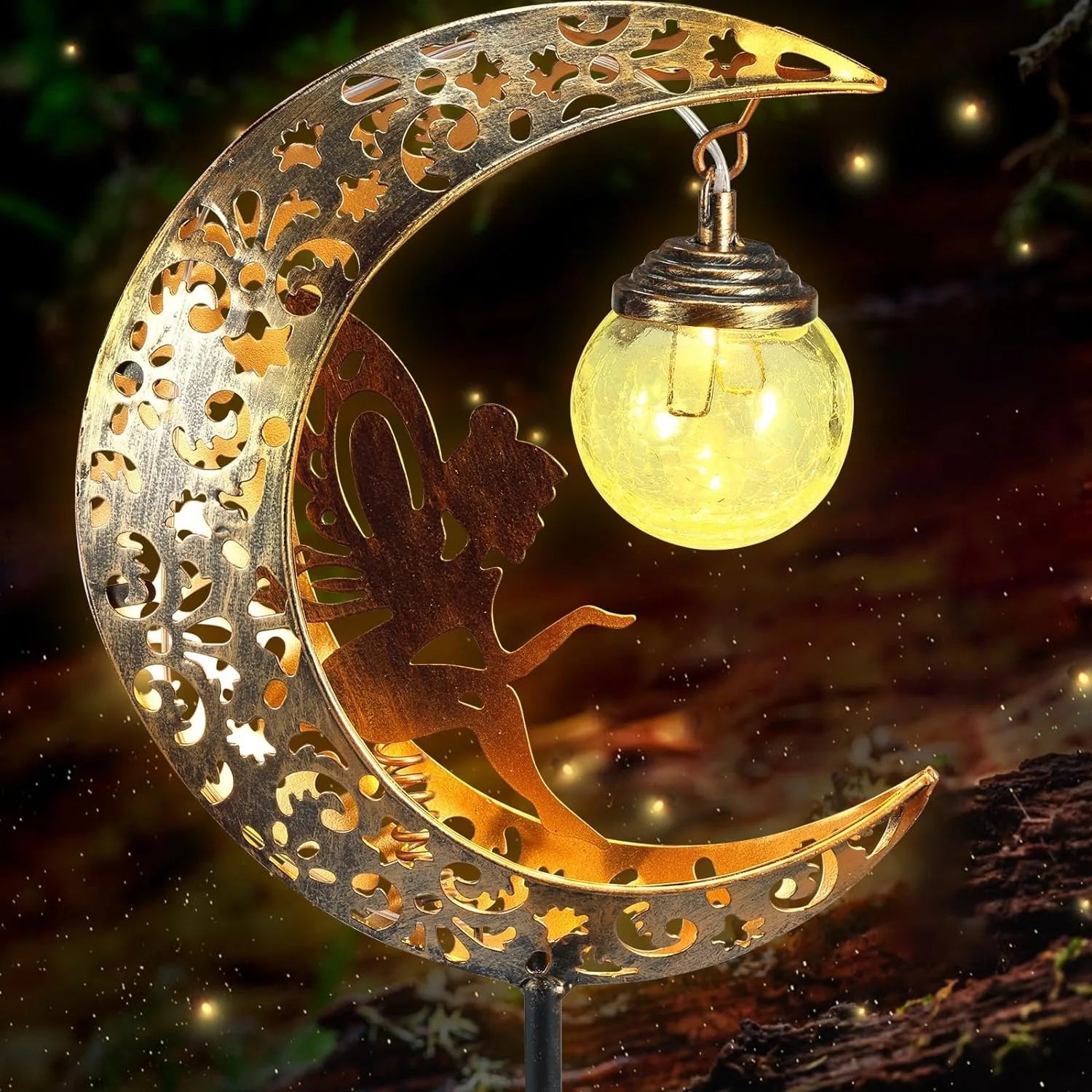 1pc Moon-Shaped Solar-Powered Metal Fairy Lantern - Waterproof LED