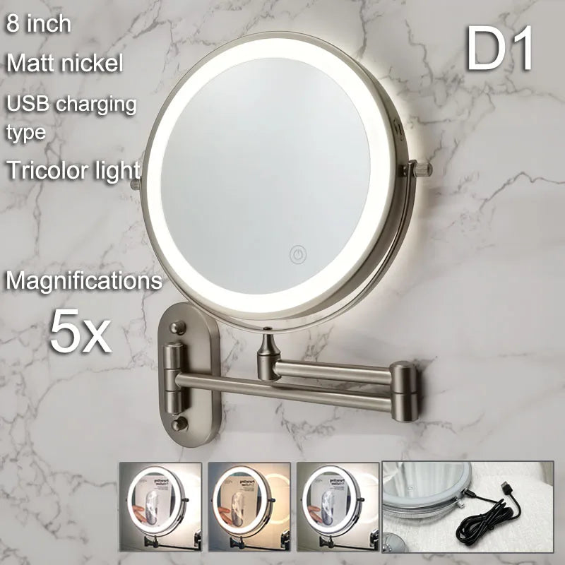 Golden Wall Mounted Folding Vanity Mirror, Double Sided with Fill Light