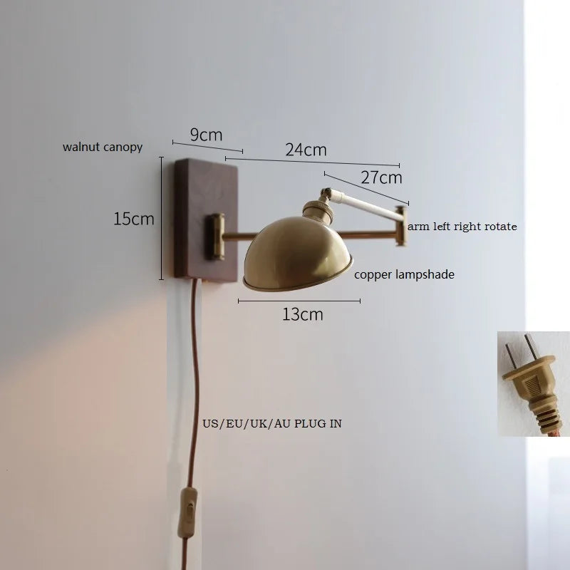 IWHD Walnut Ash Wood Canopy LED Wall Light Fixtures Pull Chain Switch Copper Arm Left Right Rotate Bedroom Beside Lamp Sconce