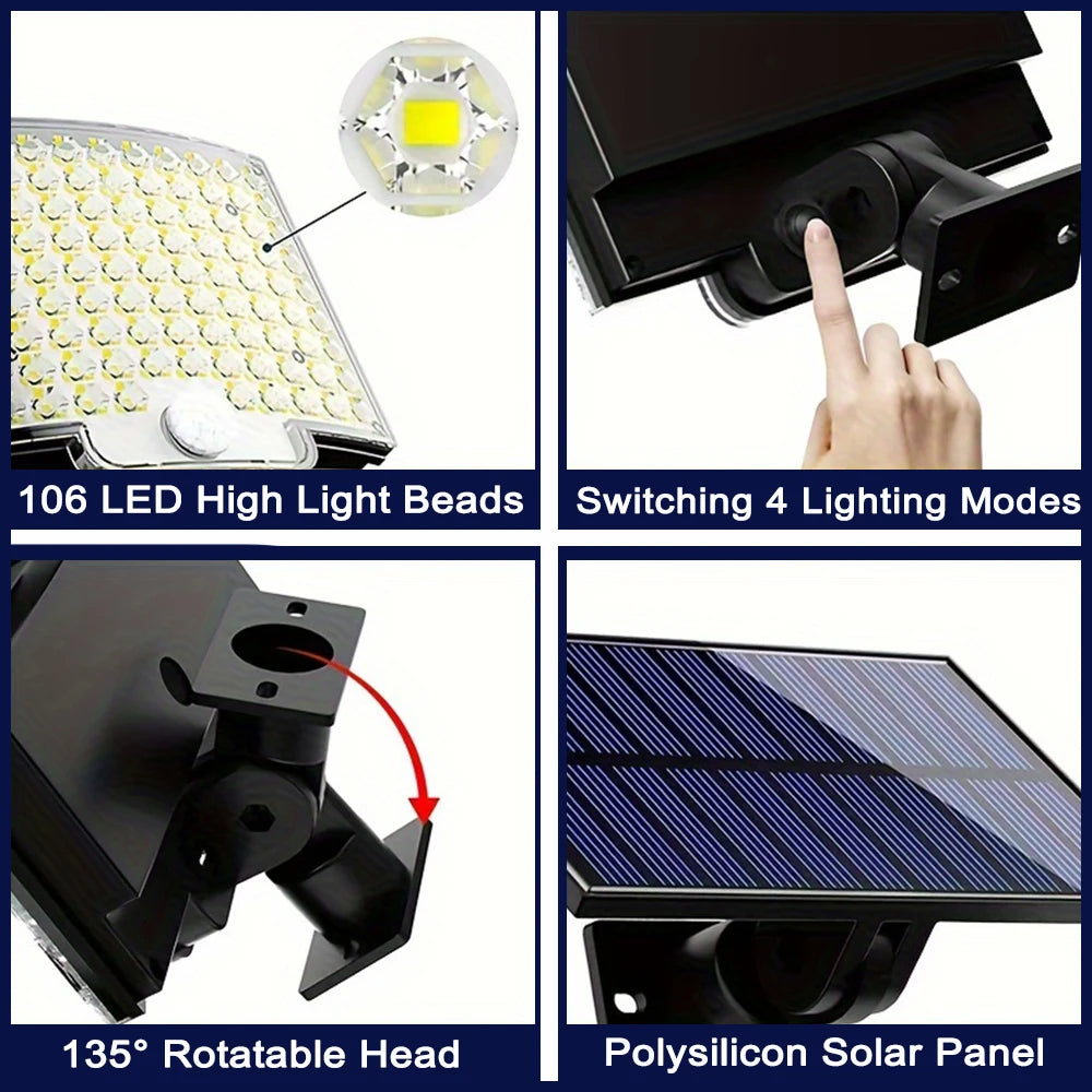 106 LED 3000LM Solar Powered Motion Sensor Flood Lights with Remote