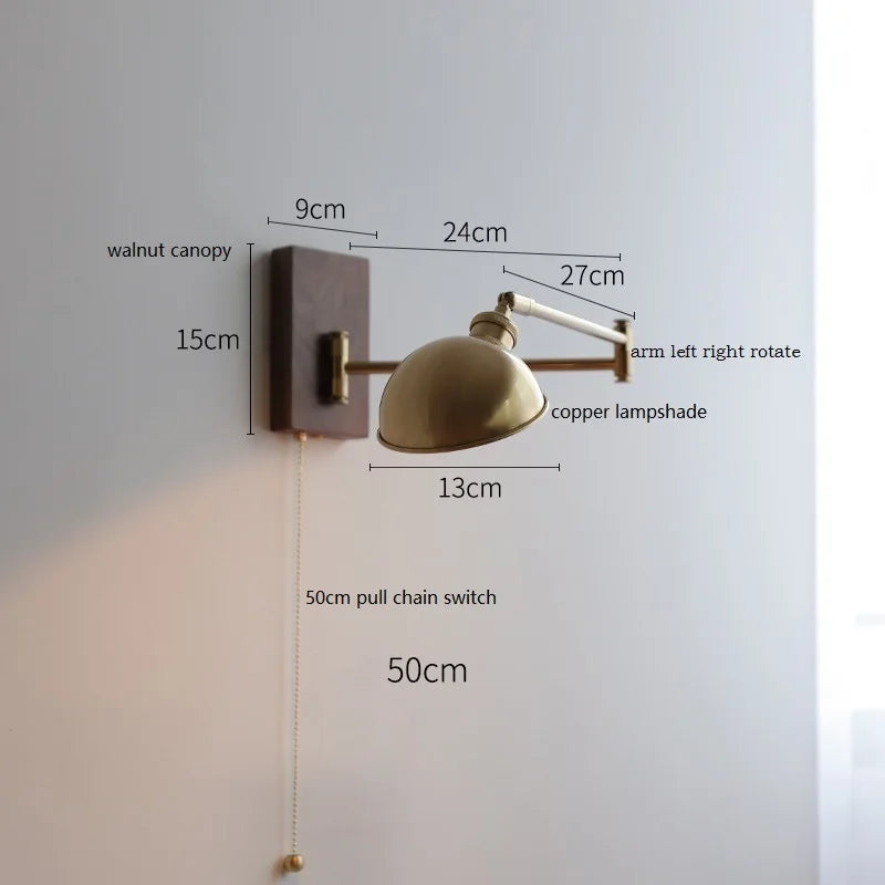 IWHD Walnut Ash Wood Canopy LED Wall Light Fixtures Pull Chain Switch Copper Arm Left Right Rotate Bedroom Beside Lamp Sconce