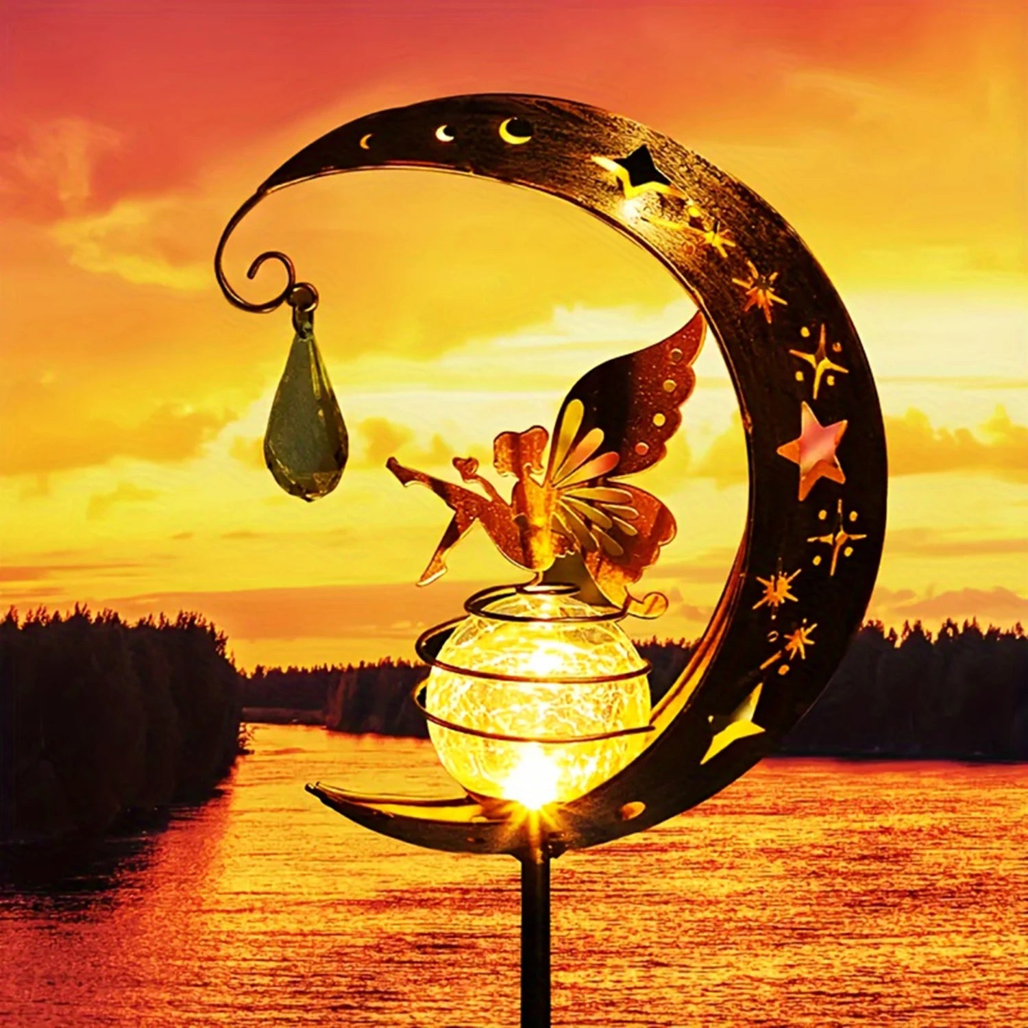 1pc Moon-Shaped Solar-Powered Metal Fairy Lantern - Waterproof LED