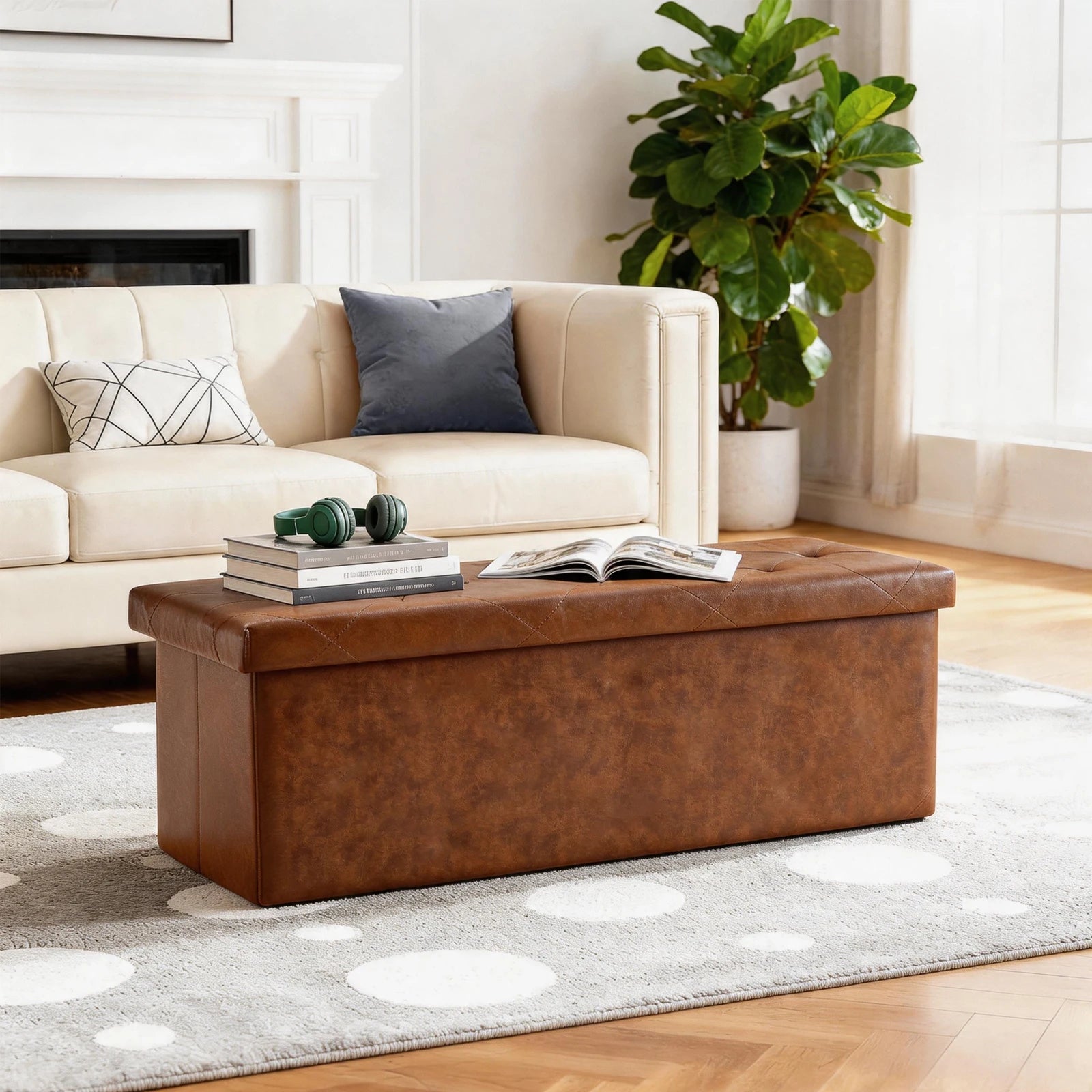 Folding Faux Leather Storage Bench