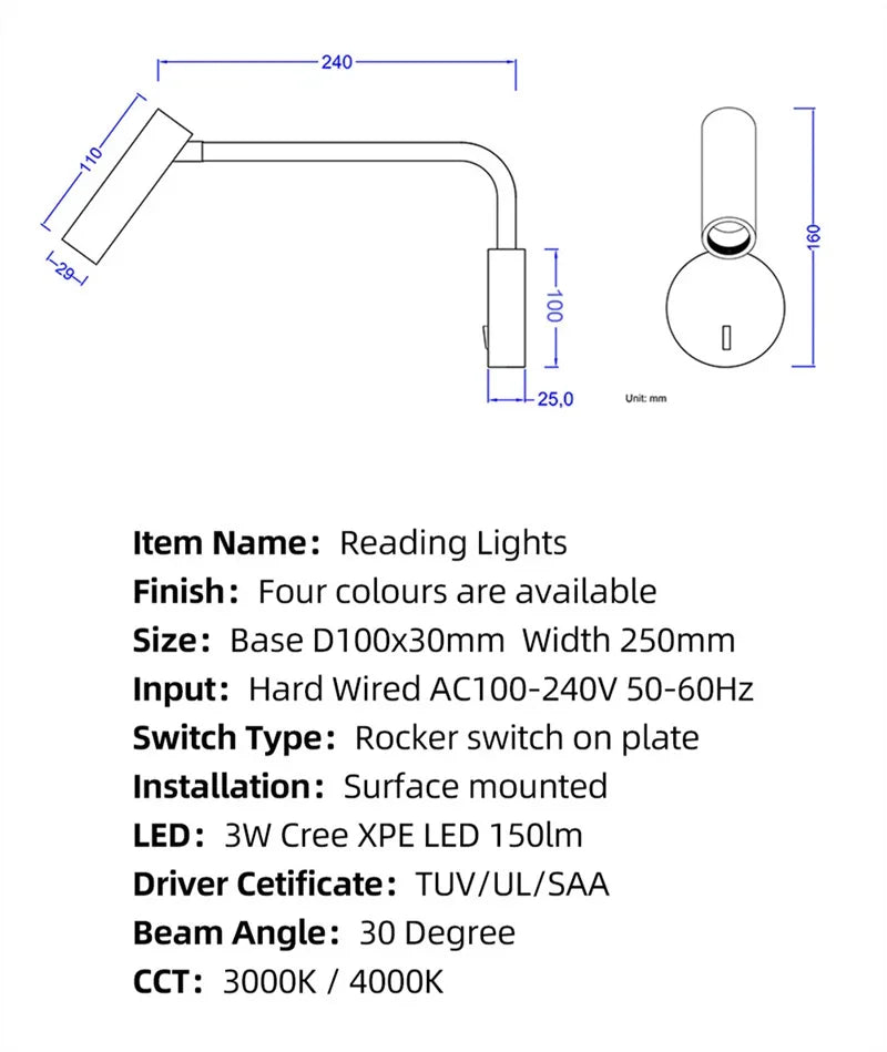 Modern Swing Arm Reading Wall Lamp Hotel Rooms Lamp 3W LED Adjustable