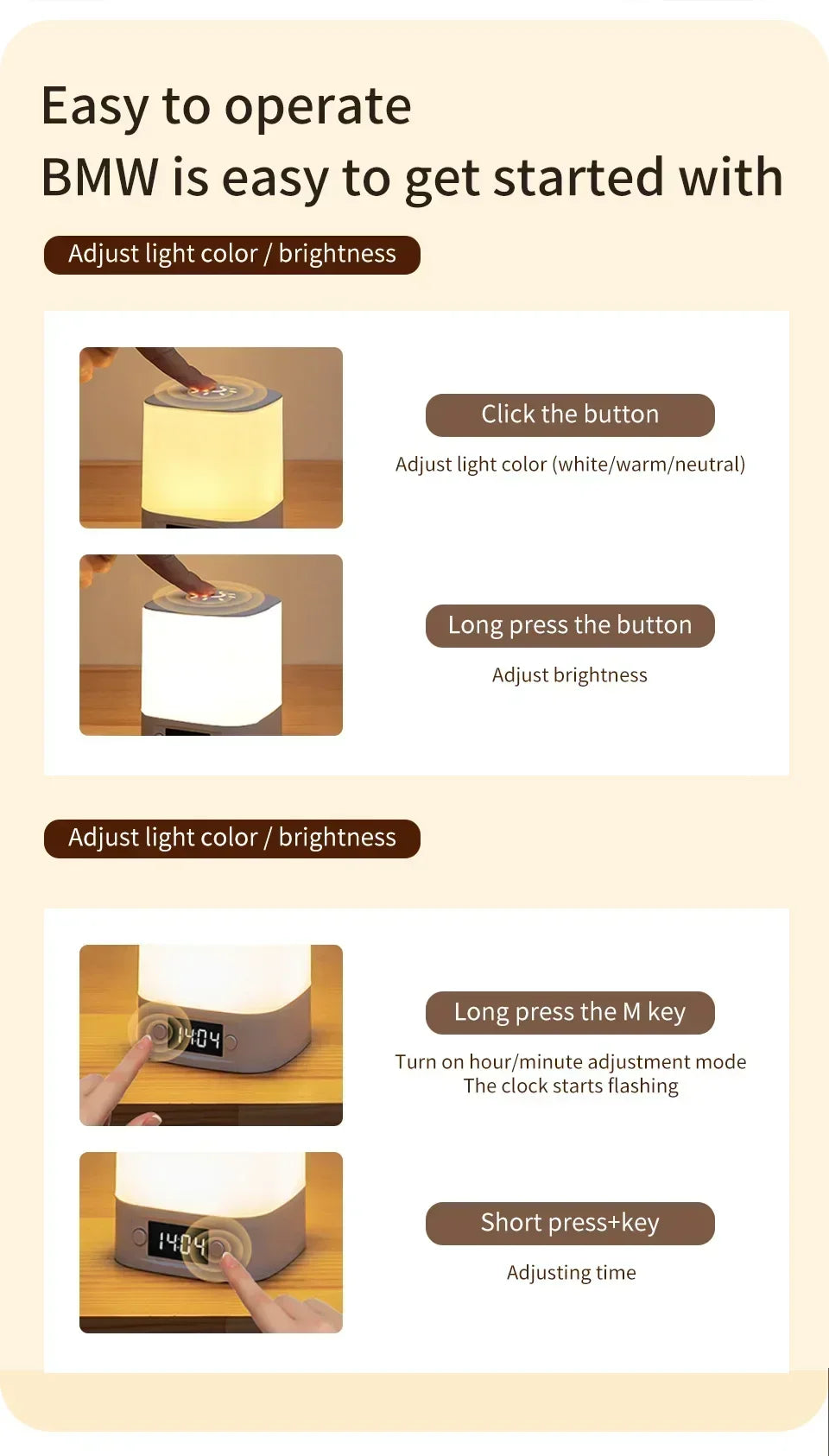 Bedside Night Light Rechargeable Reading Desk Lamp with Clock Time