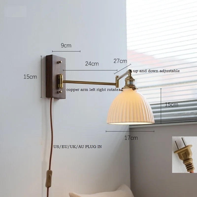IWHD Walnut Ash Wood Canopy LED Wall Light Fixtures Pull Chain Switch Copper Arm Left Right Rotate Bedroom Beside Lamp Sconce