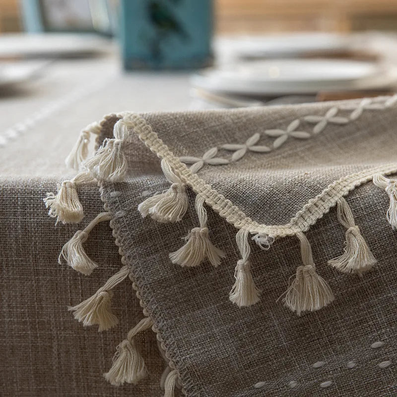 Cotton Linen Stripe Tassel Tablecloth Stain Resistant Dust-Proof Table