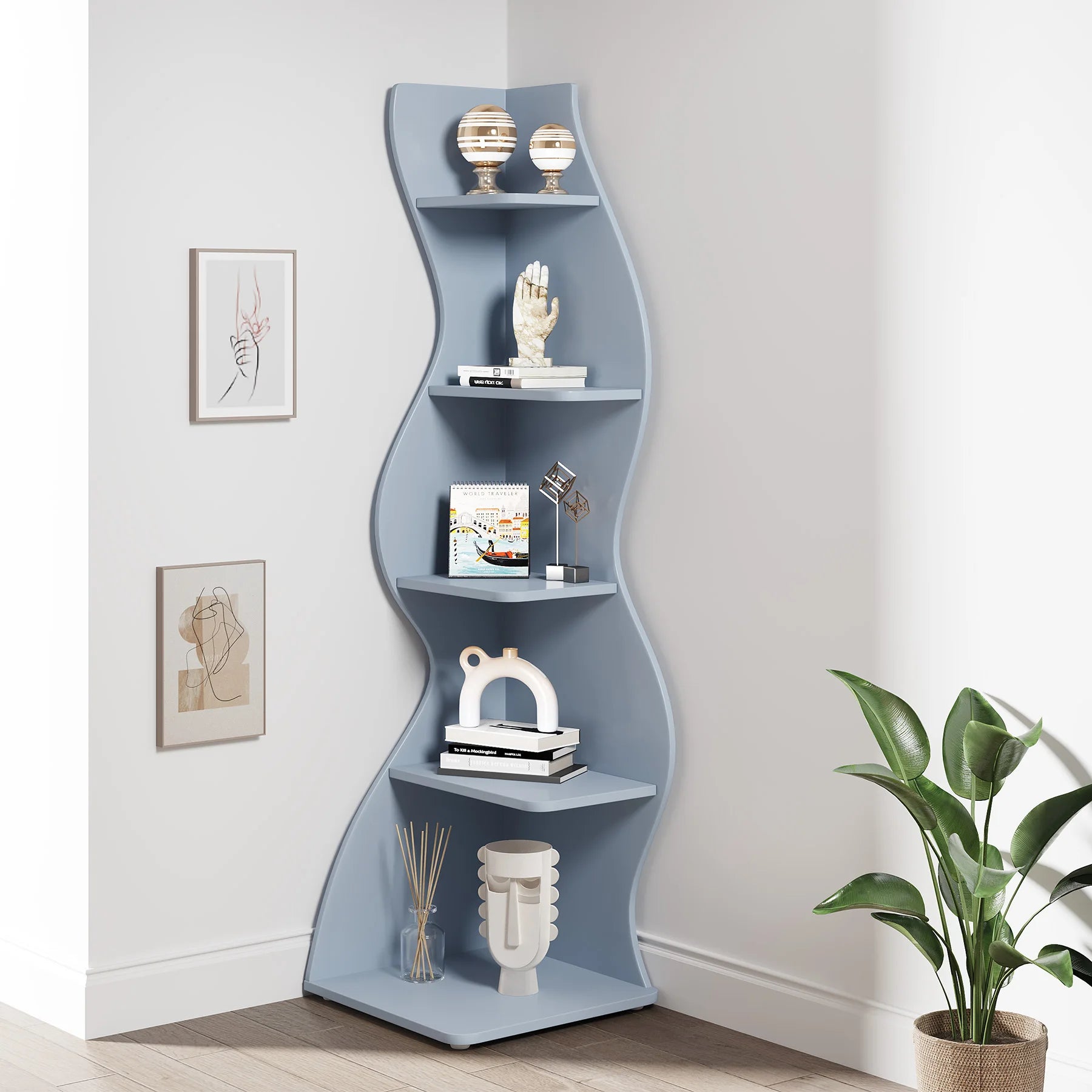 Five Tier Wavy Corner Bookshelf