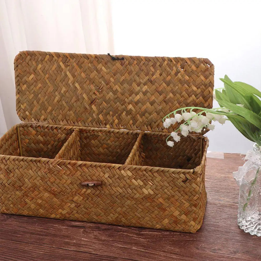 3 Compartment Woven Storage Basket with Lid