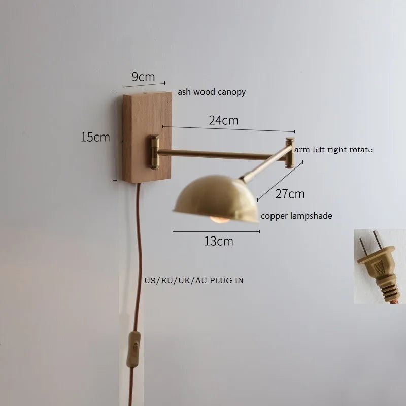IWHD Walnut Ash Wood Canopy LED Wall Light Fixtures Pull Chain Switch Copper Arm Left Right Rotate Bedroom Beside Lamp Sconce