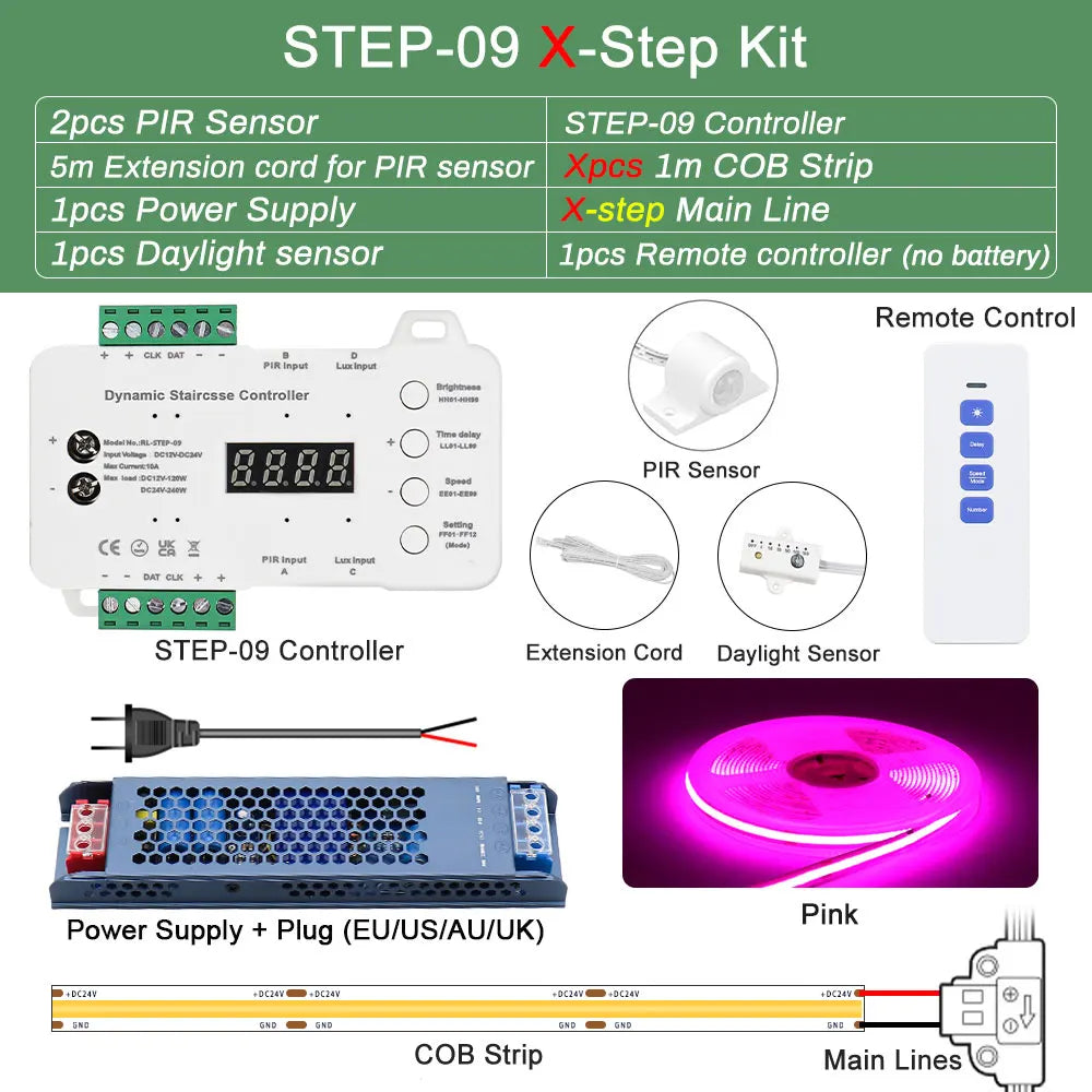 COB LED Strip PIR Motion Sensor Stair Lights Kit Step by Step Control