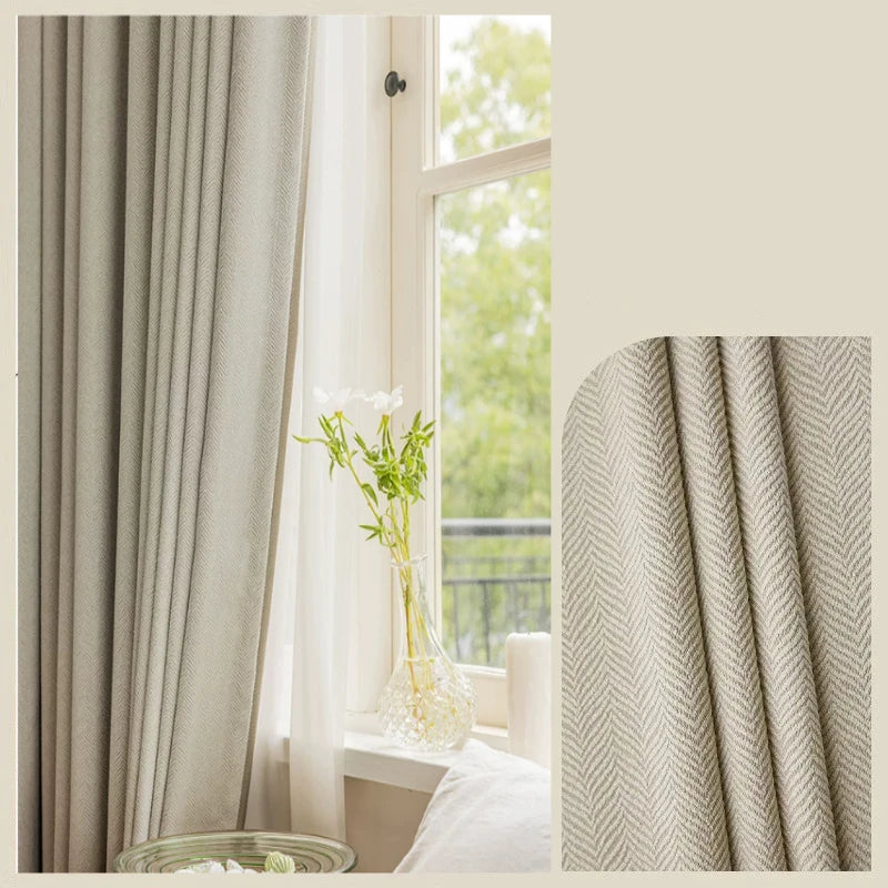 Custom Size Herringbone Thicke Beige Chenille Curtains