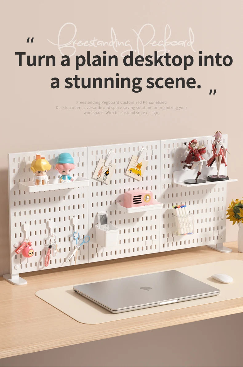 Home & Office Desktop Pegboard: Height-Adjustable Standing Storage Rack for Supplies, Also for Decorative Figurine Display