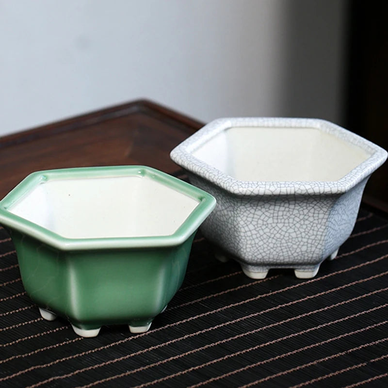 Hexagonal Glazed Ceramic Bonsai Pot