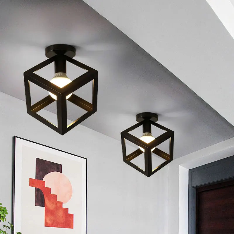Vintage Black Metal Cage Ceiling Light