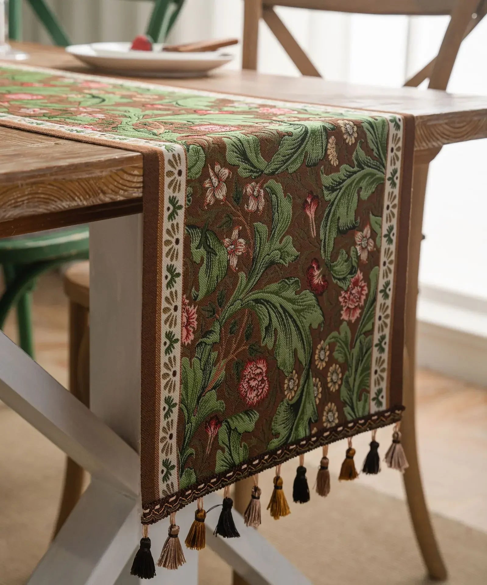 Plant Flower Table Runner with Tassels Jacquard Living Room Cabinet