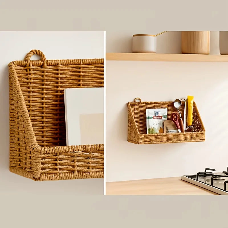 Wall Mounted Woven Basket with Hooks
